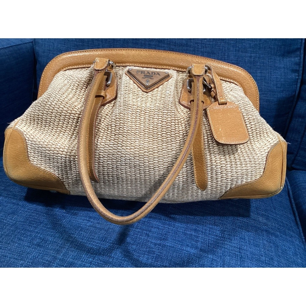 Prada Straw Jute, Women's Rayon,Cotton Handbag Beige/gold